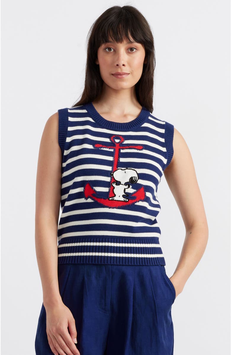 Chinti & Parker Chinti Meets Peanuts Embroidered Snoopy Anchor Tank, Main, color, Admiral Blue/Cream