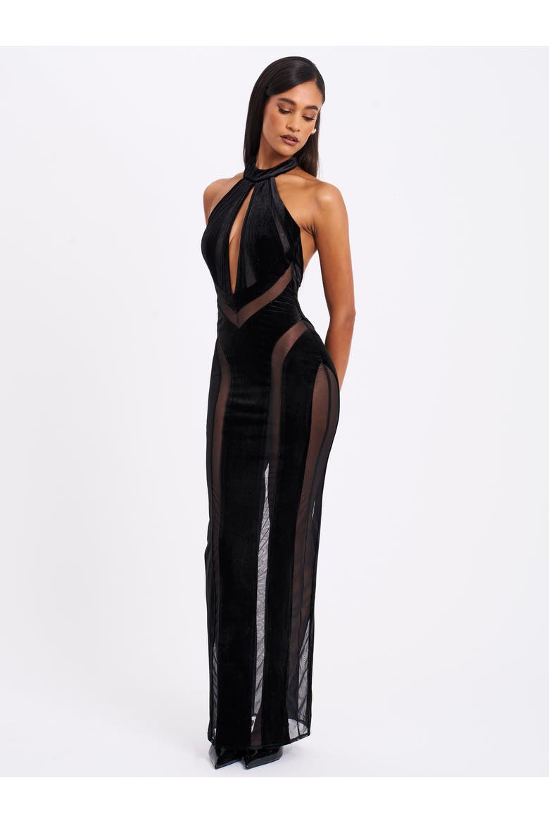 Paityn Velvet Mesh Cutout Halter Gown, Alternate, color, Black