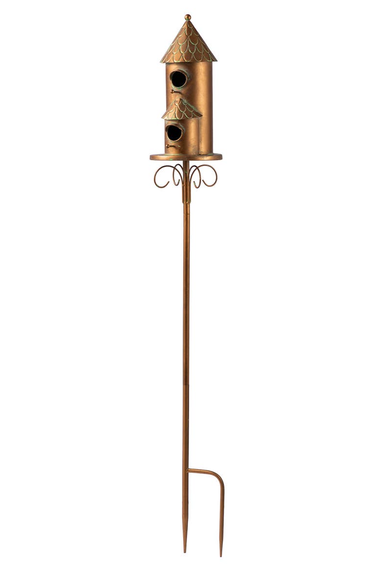 Farmhouse Faux Copper 2-Tiered Metal Decorative Garden Birdhouse with Stake, Alternate, color, Copper