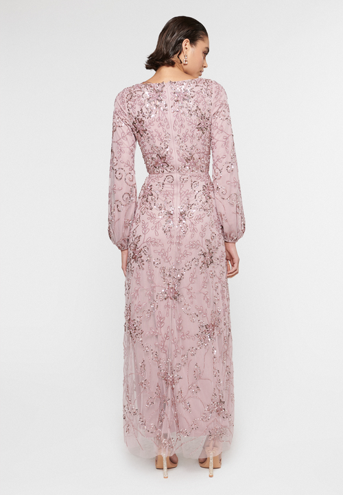 Shop Maryisa Occasion Modest Embellished Sequin Beaded Floral Evening Gown In Frosted Pink