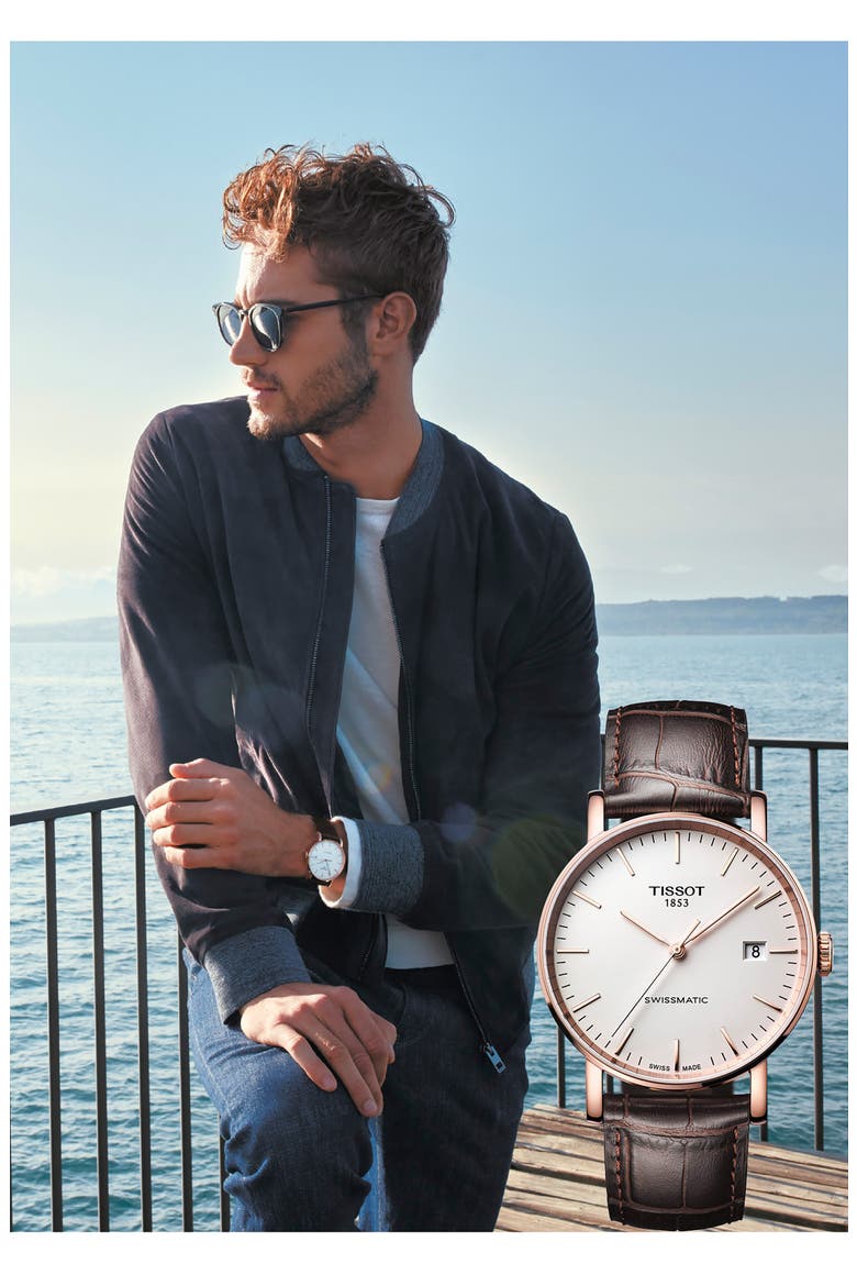 Everytime Swissmatic Leather Strap Watch, 40mm, Alternate, color, BROWN/ WHITE/ ROSE GOLD