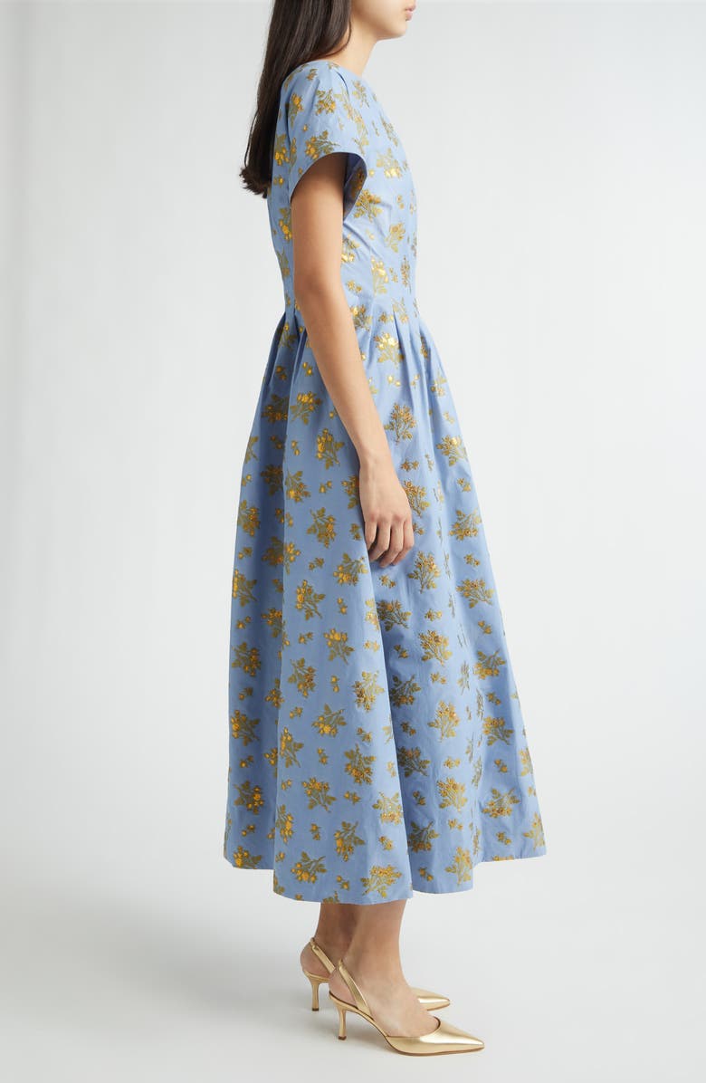 Lela Rose Metallic Floral Cotton Blend Jacquard Midi Dress, Alternate, color, Bluebell