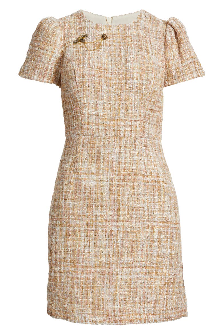 Pin Detail Bouclé Dress, Alternate, color, IVORY/ GOLD