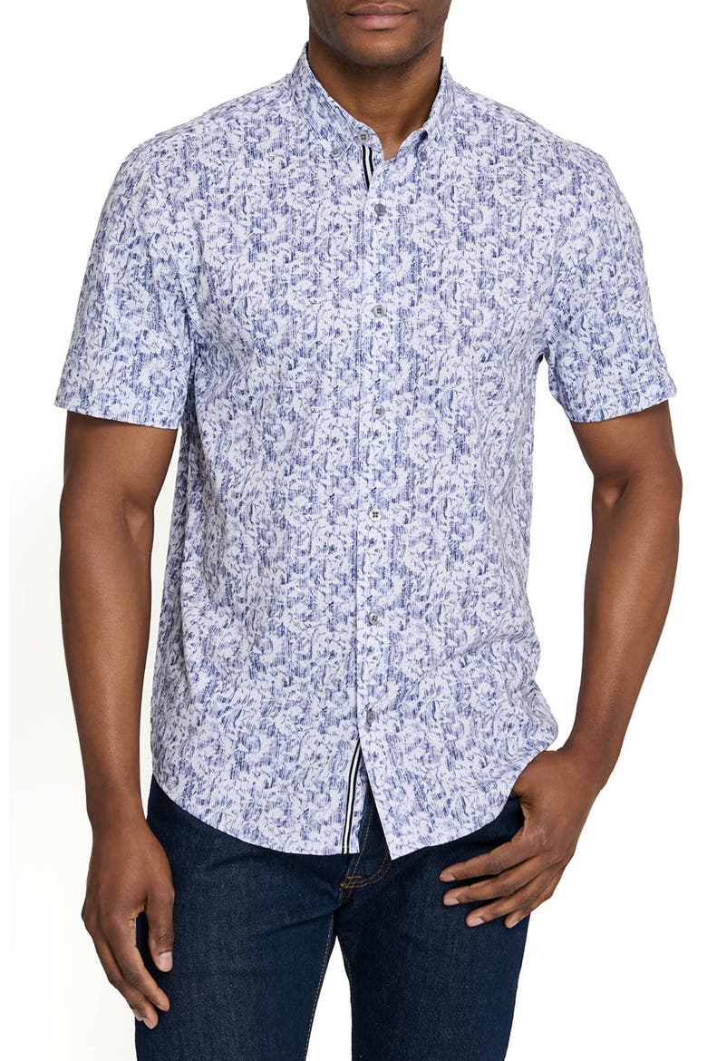 Sketched Foliage Short Sleeve Button Down Performance Shirt, Main, color, WHITE/BLUE