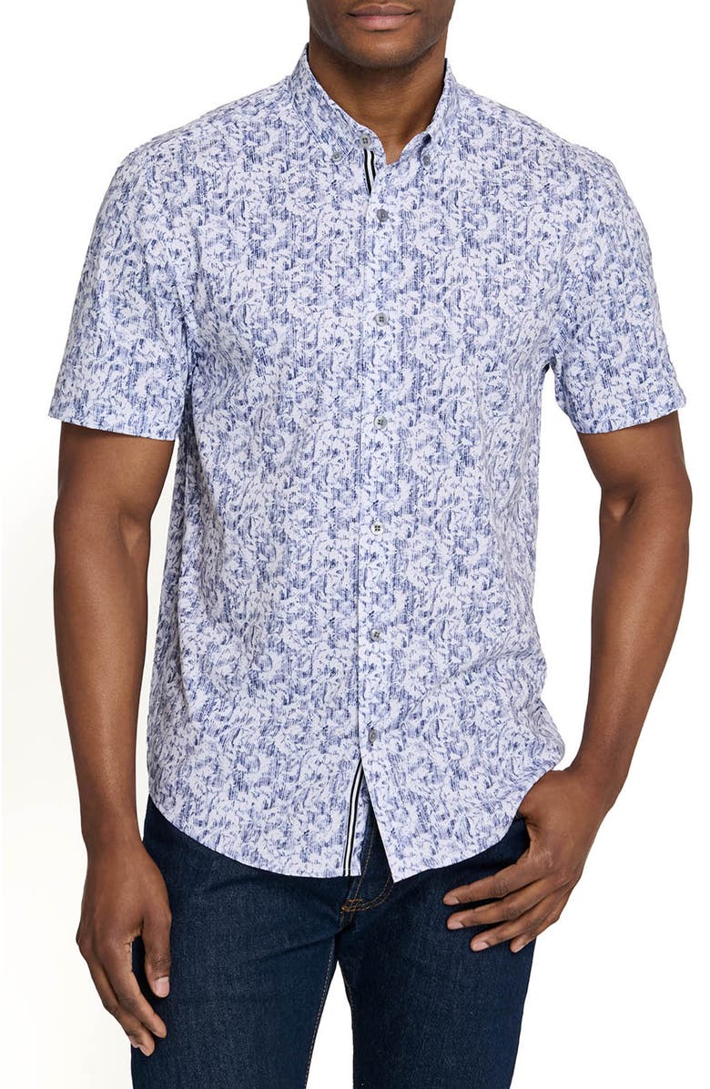 Brooklyn Brigade Sketched Foliage Short Sleeve Button Down Performance Shirt, Main, color, White/Blue