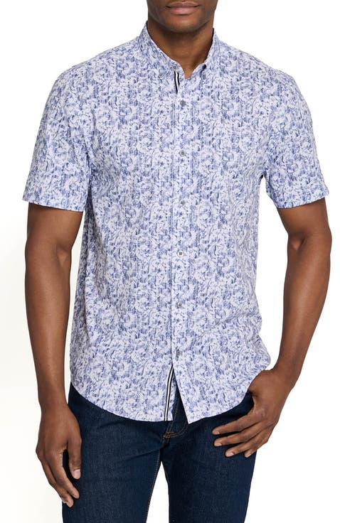 Sketched Foliage Short Sleeve Button Down Performance Shirt