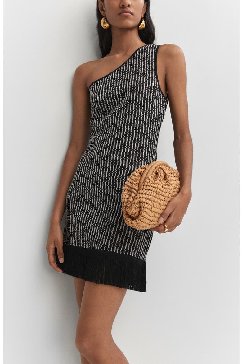 One-Shoulder Fringe Hem Knit Dress, Alternate, color, BLACK