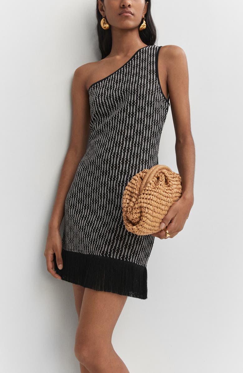 MANGO One-Shoulder Fringe Hem Knit Dress, Alternate, color, 