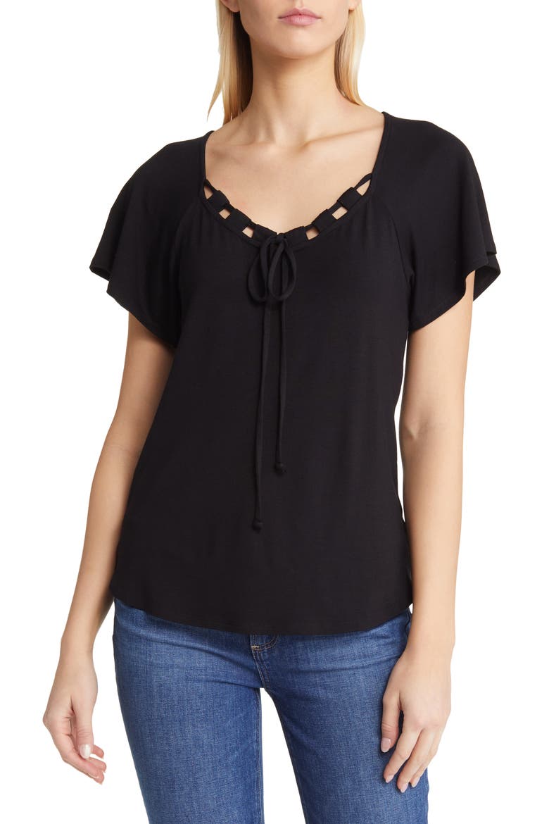 Tie Neck Flutter Sleeve Top, Main, color, BLACK