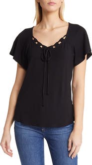 Loveappella Tie Neck Flutter Sleeve Top