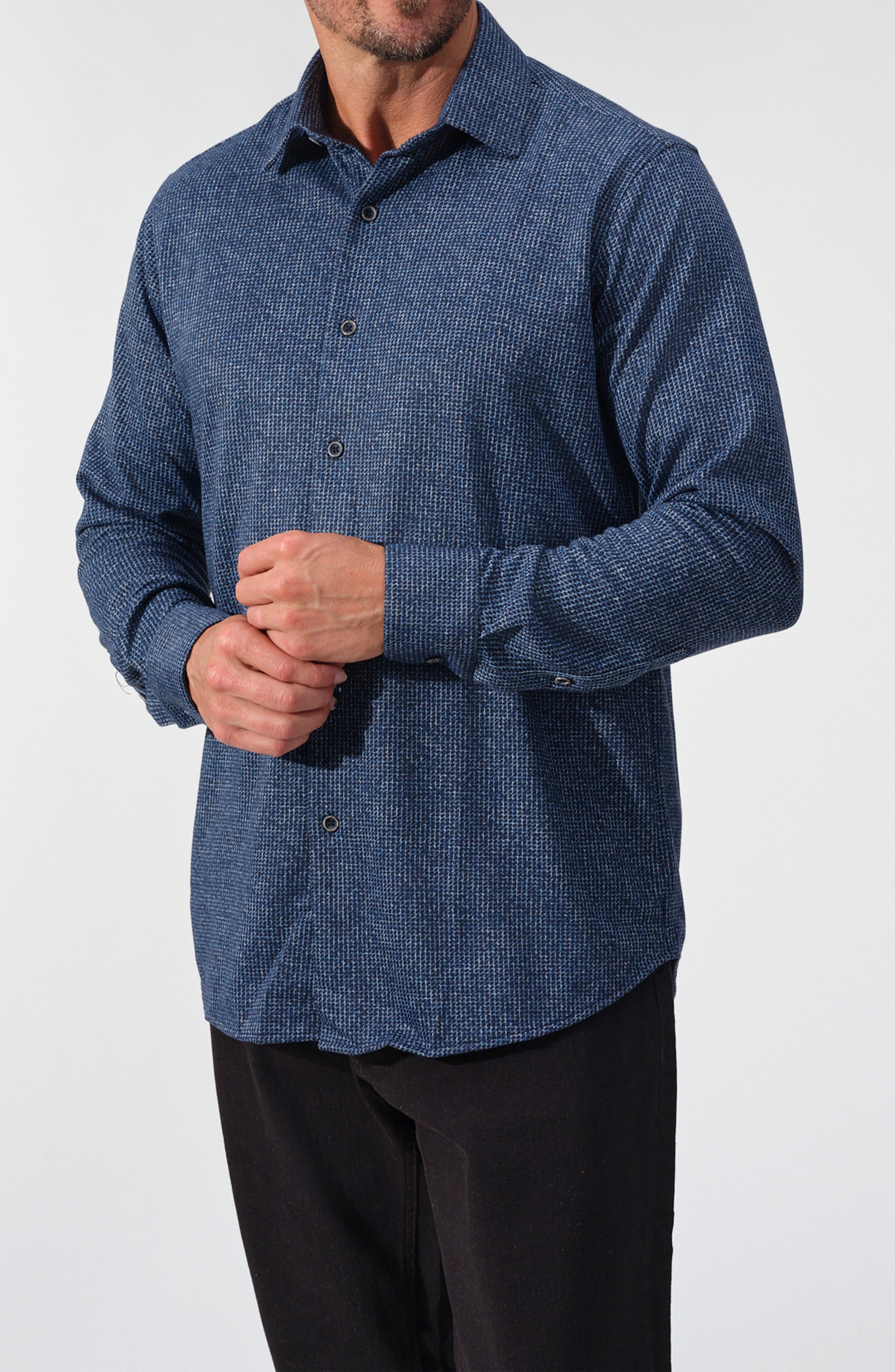 STUDIO GARNET LOS ANGELES Abstract Print Stretch Knit Button-Up Shirt