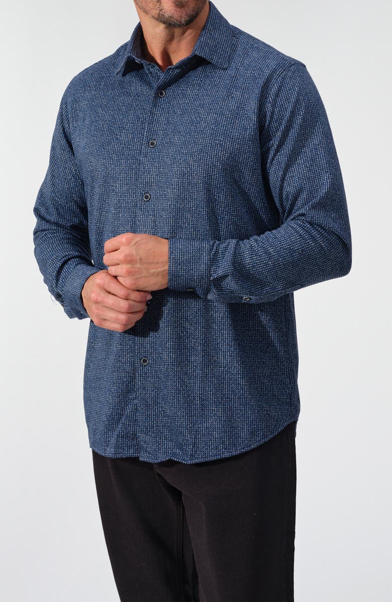 STUDIO GARNET LOS ANGELES Abstract Print Stretch Knit Button-Up Shirt, Main, color, Indigo