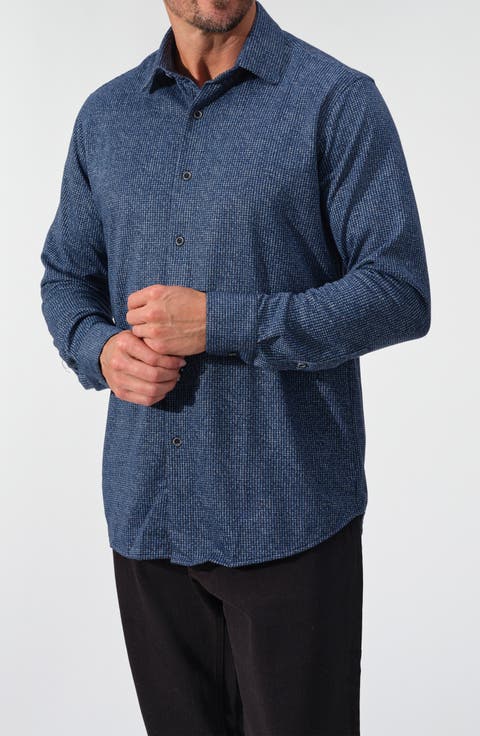 Abstract Print Stretch Knit Button-Up Shirt