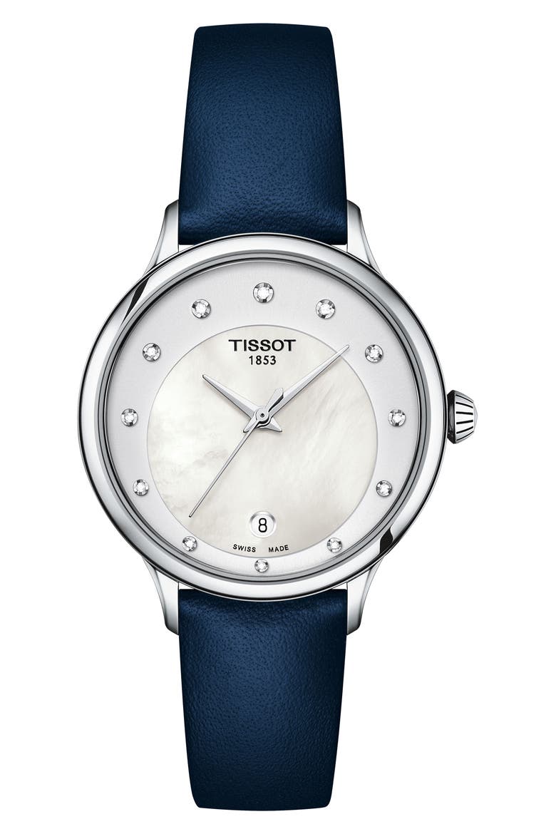 Odaci-T Leather Strap Watch, 33mm, Main, color, WHITE MOTHER OF PEARL