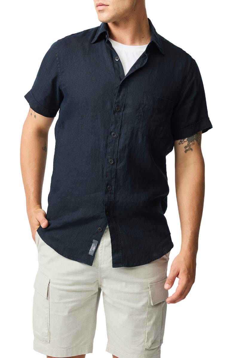 Rodd & Gunn Palm Beach Sports Fit Short Sleeve Linen Button-Up Shirt, Main, color, Midnight