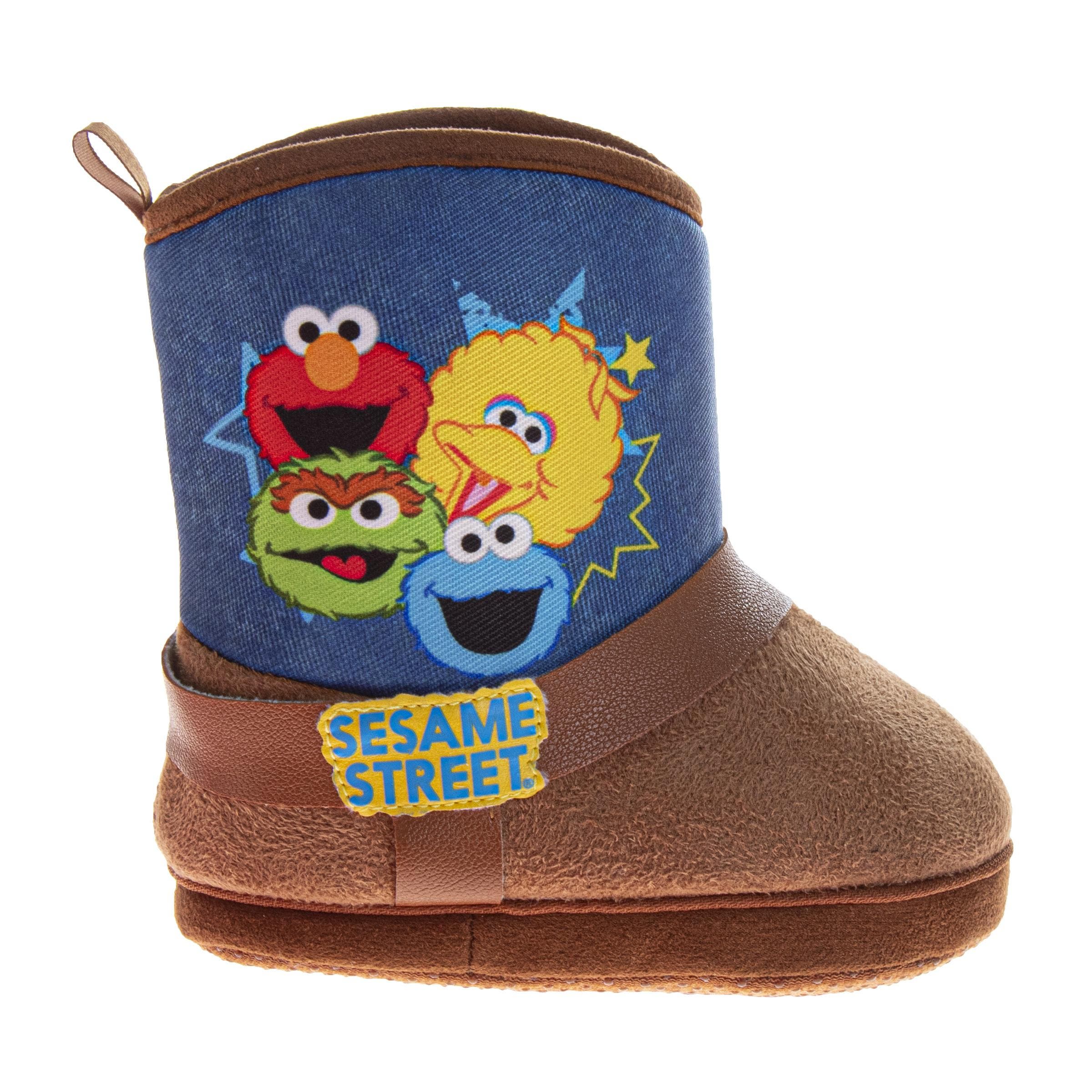 Sesame Street<sup>®</sup> Sesame Street Oscar, Cookie, and Big Bird Kids' Booties, Alternate, color, Brown Denim