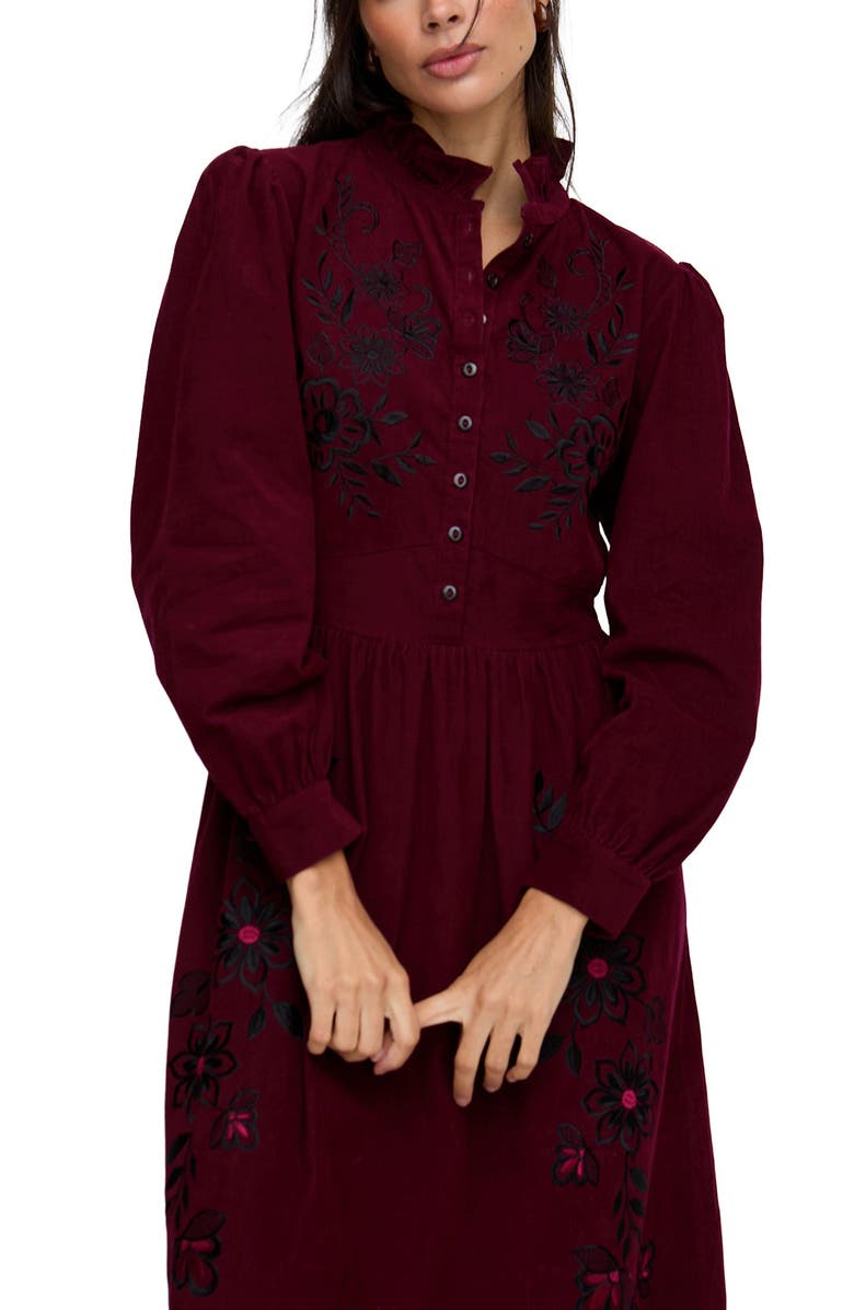 Raffya Puglia Corduroy Midi Dress, Alternate, color, Burgundy