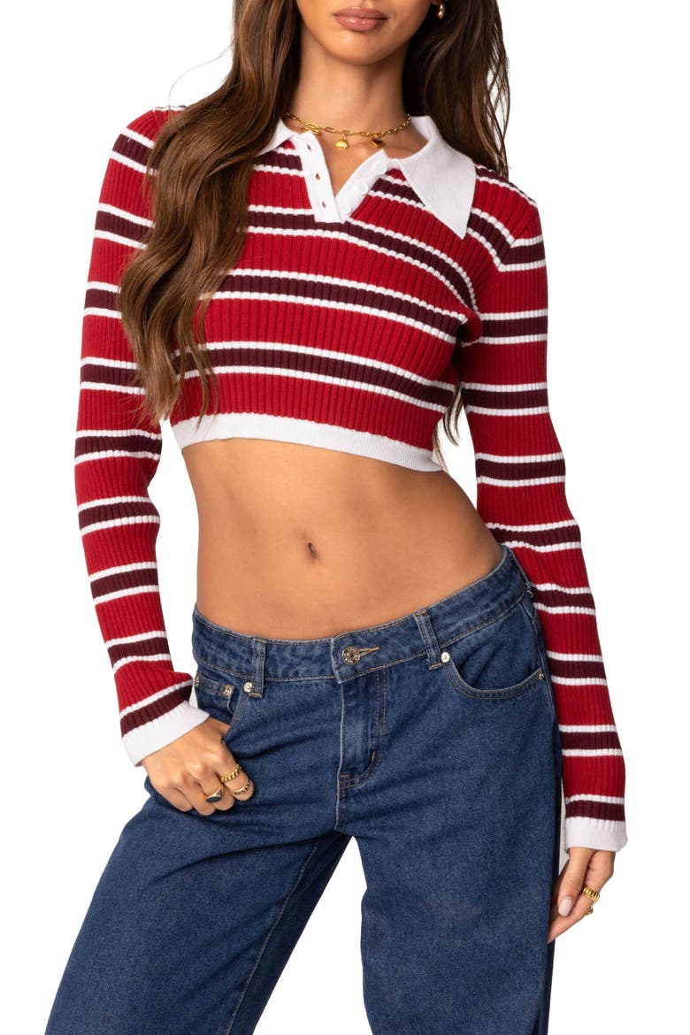 Stripey Collar Rib Crop Top, Main, color, RED