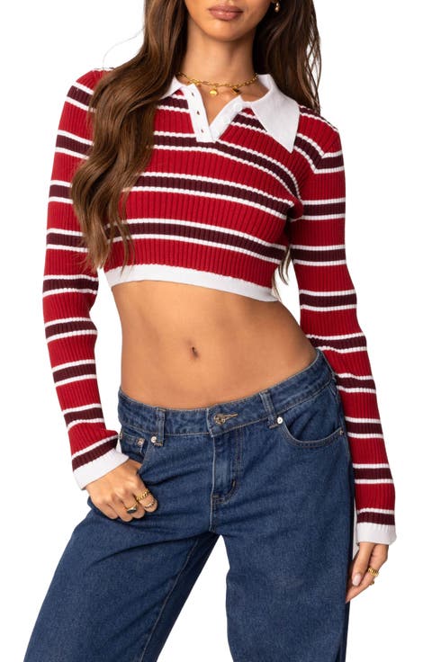 Stripey Collar Rib Crop Top