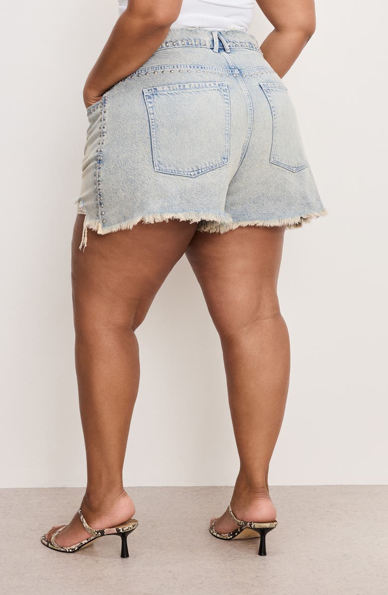 Good American Good 90s Studded Raw Hem Denim Shorts, Alternate, color, Indigo784