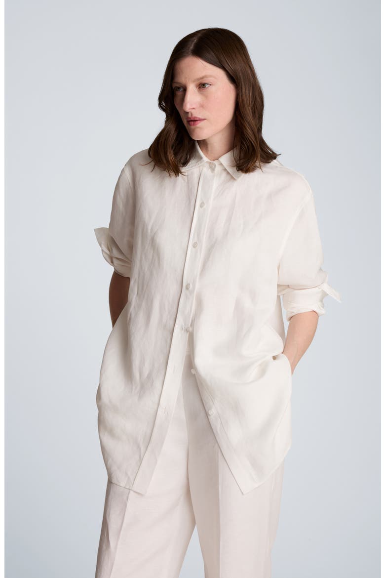 Long Linen Blend Button-Up Shirt, Alternate, color, PURE WHITE