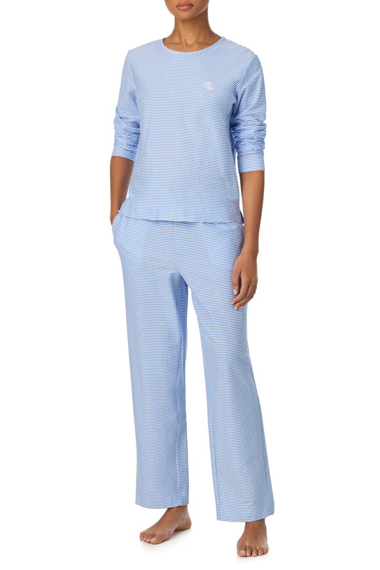Print Cotton Ankle Length Pajamas, Main, color, BLUE STRIPE