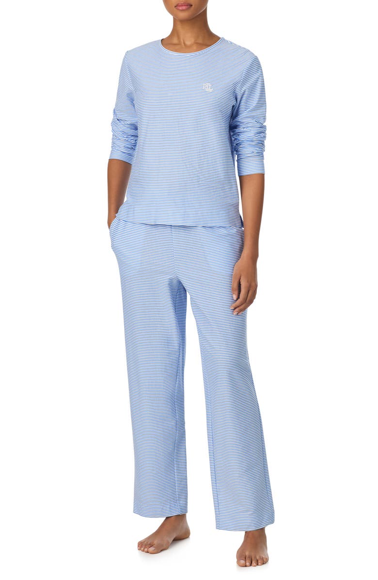 Lauren Ralph Lauren Print Cotton Ankle Length Pajamas, Main, color, Blue Stripe