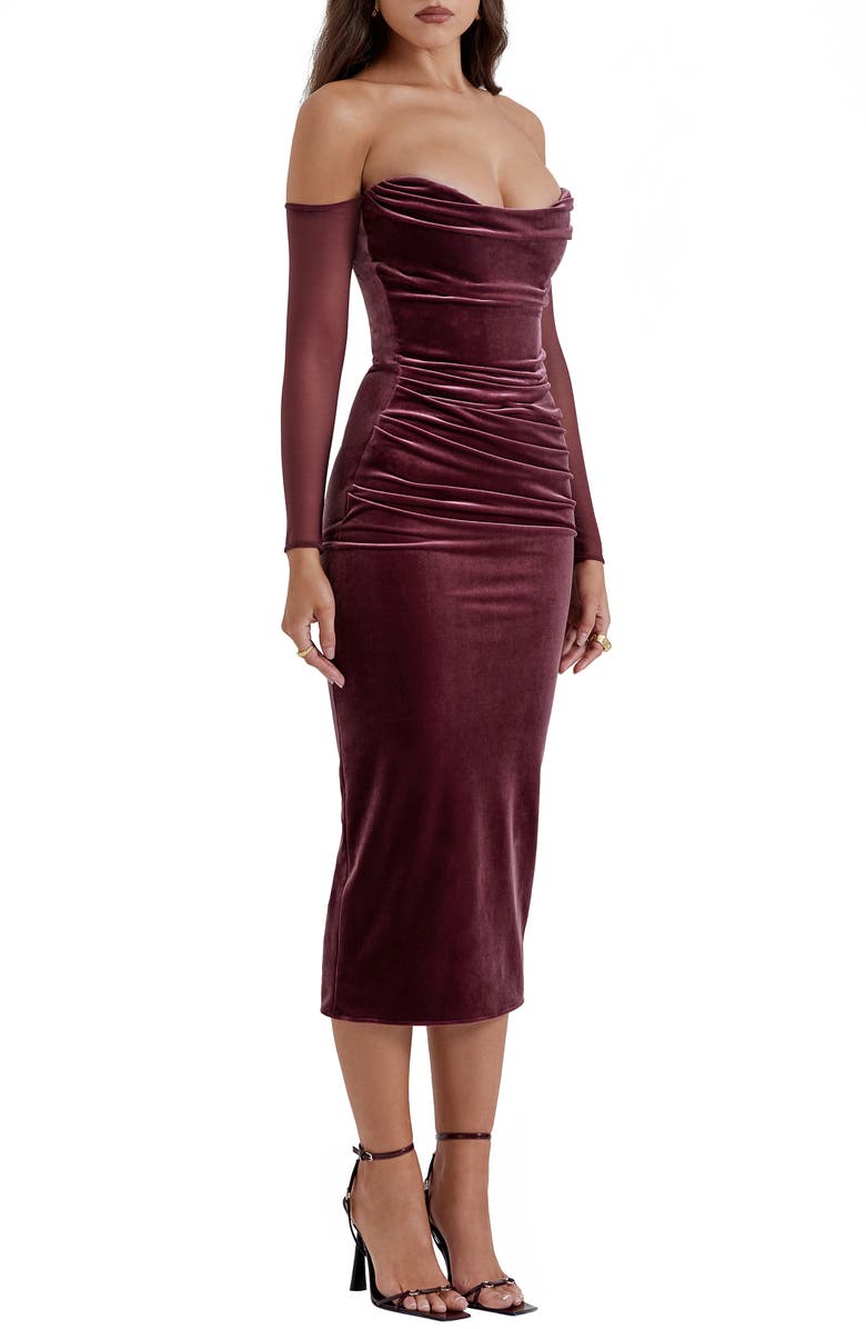 HOUSE OF CB Cleora Off the Shoulder Long Sleeve Stretch Velvet Maxi Dress, Alternate, color, Mulberry