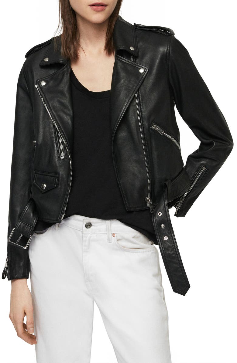 AllSaints Lexi Lambskin Leather Biker Jacket, Main, color, 