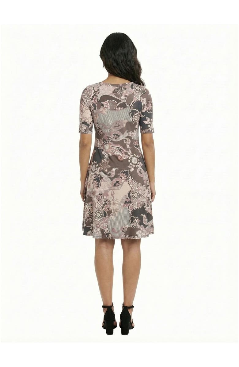 24seven Comfort Apparel Essential Petite Paisley Scoop Neck Elbow Sleeve Knee Length Skater Dress, Alternate, color, Brown Multi