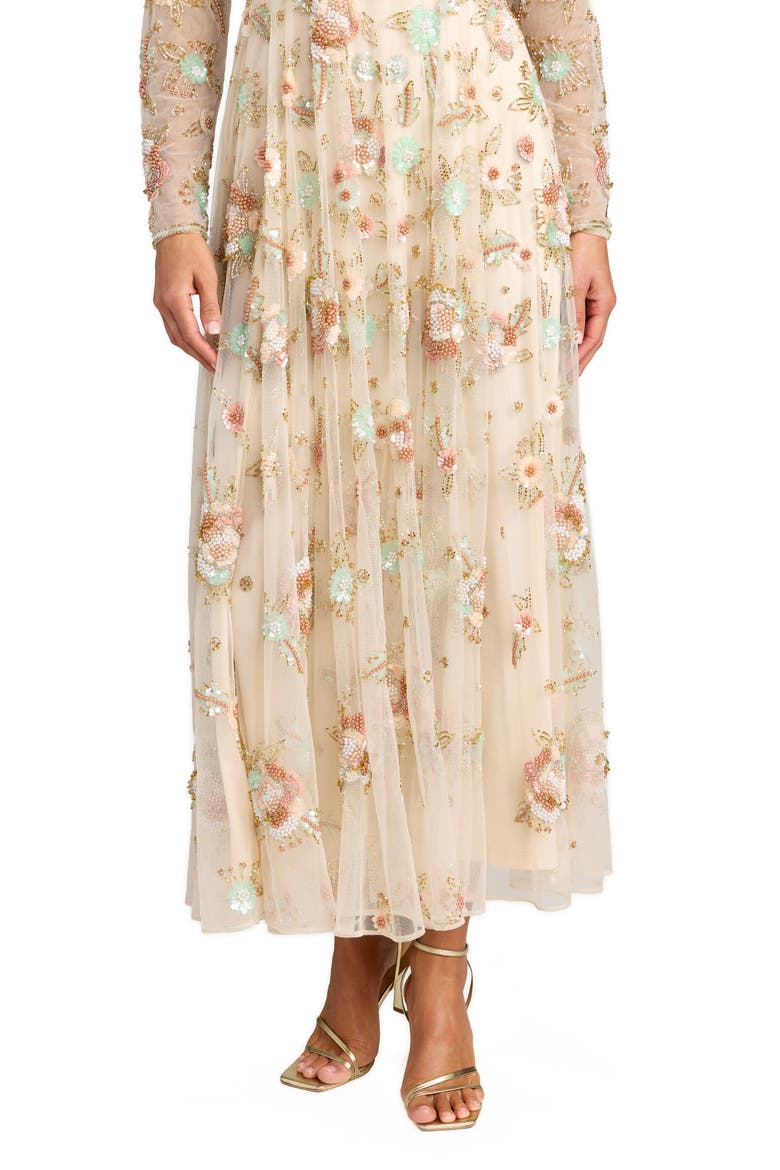Floral Embellished Long Sleeve Mesh Midi Dress, Alternate, color, Beige Multi