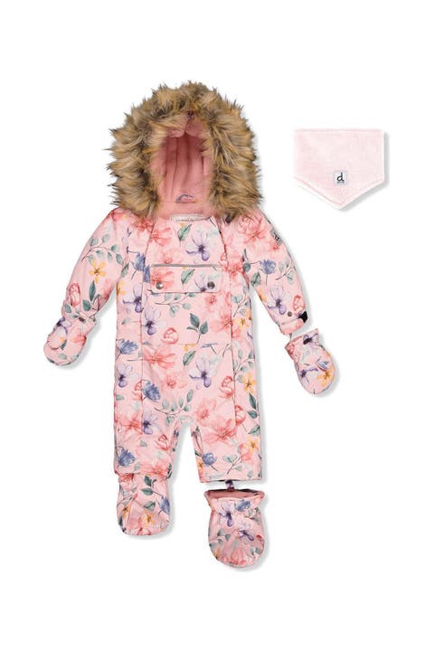 Floral Play Faux Fur Hood Car Seat One Piece Snowsuit