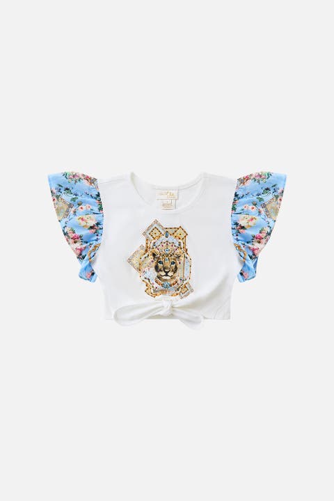 Kids Tie Front Crop Tee W Frill Sleeve