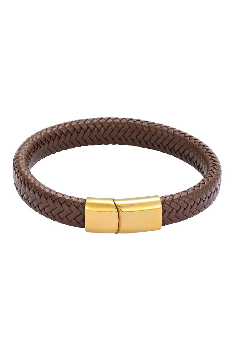 Men's Braided Leather Bracelet, Main, color, DARK BROWN/ GOLD