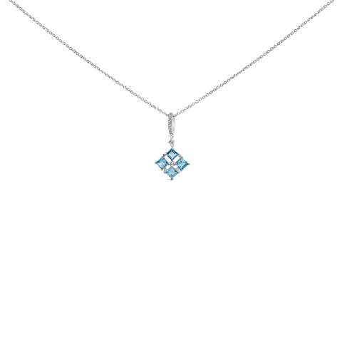 Sterling Silver Blue Topaz and White Sapphire Square Motif Pendant Necklace 18 Inch