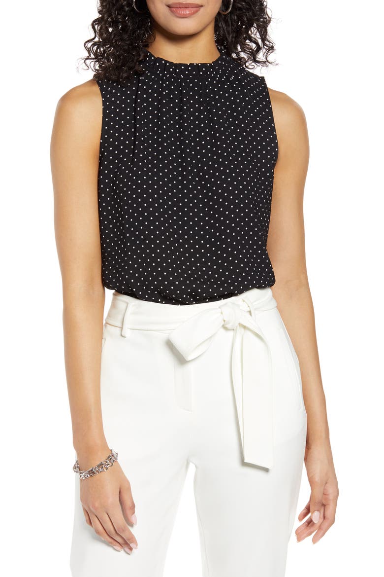 Ruffle Neck Top, Main, color, BLACK- IVORY DOT