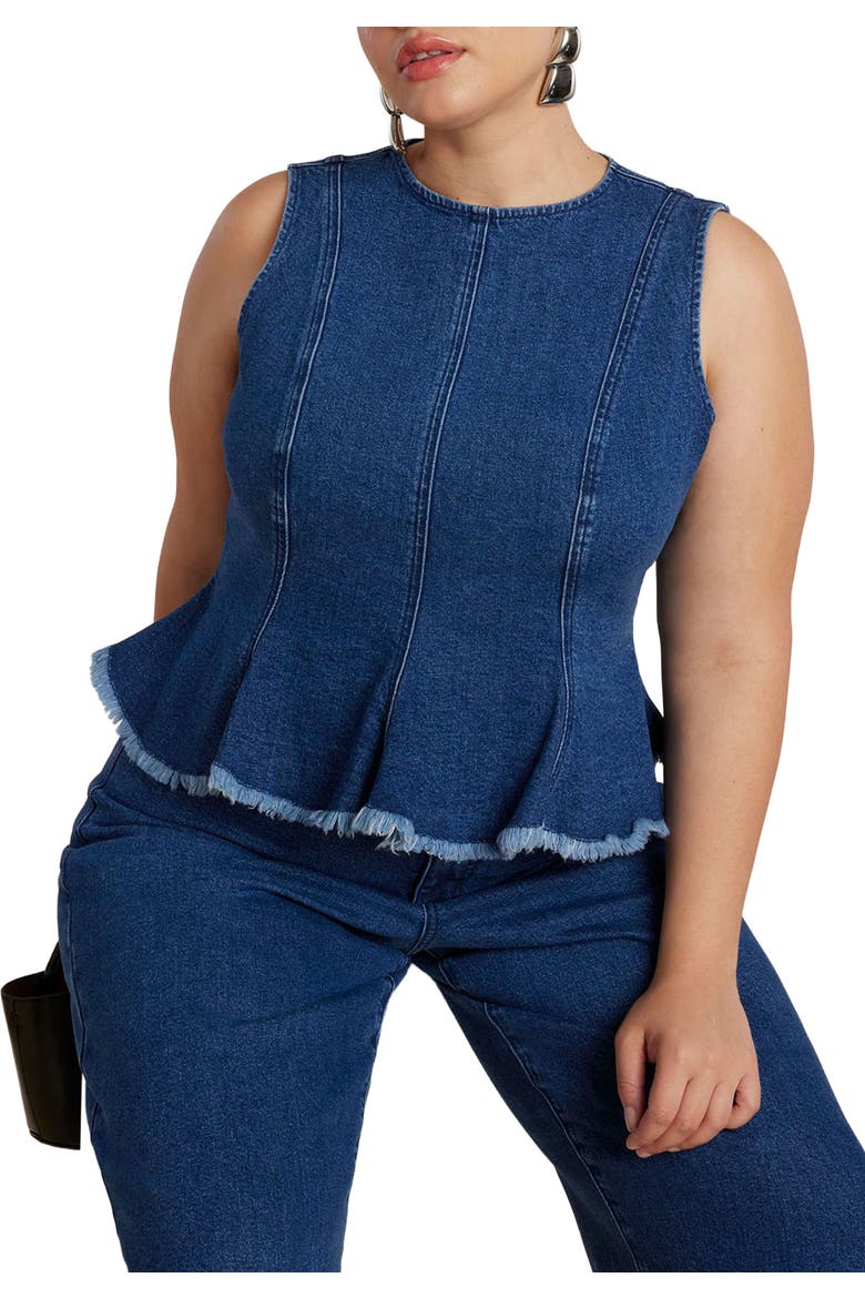 Denim Peplum Top, Main, color, DARK WASH