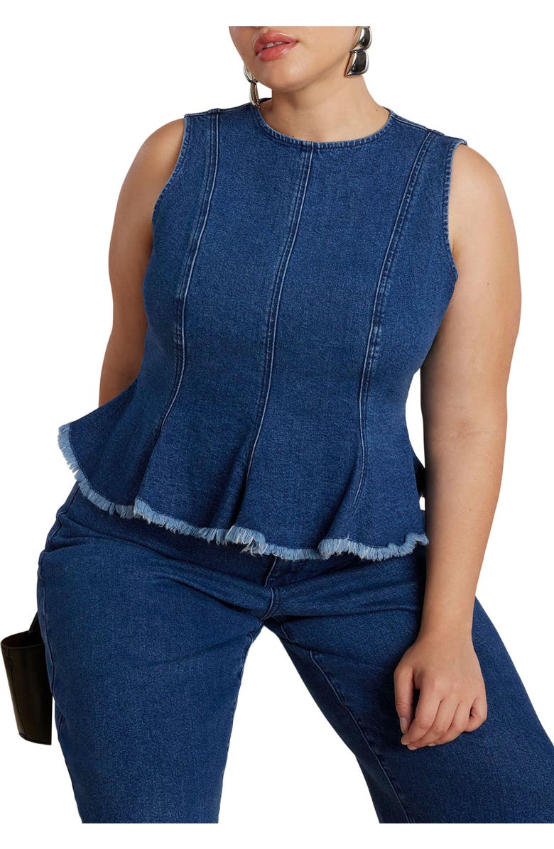 ELOQUII Denim Peplum Top, Main, color, Dark Wash