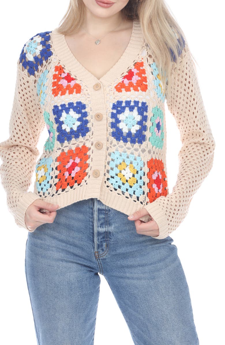 RAIN AND ROSE Granny Square Openwork Cardigan, Main, color, Beige