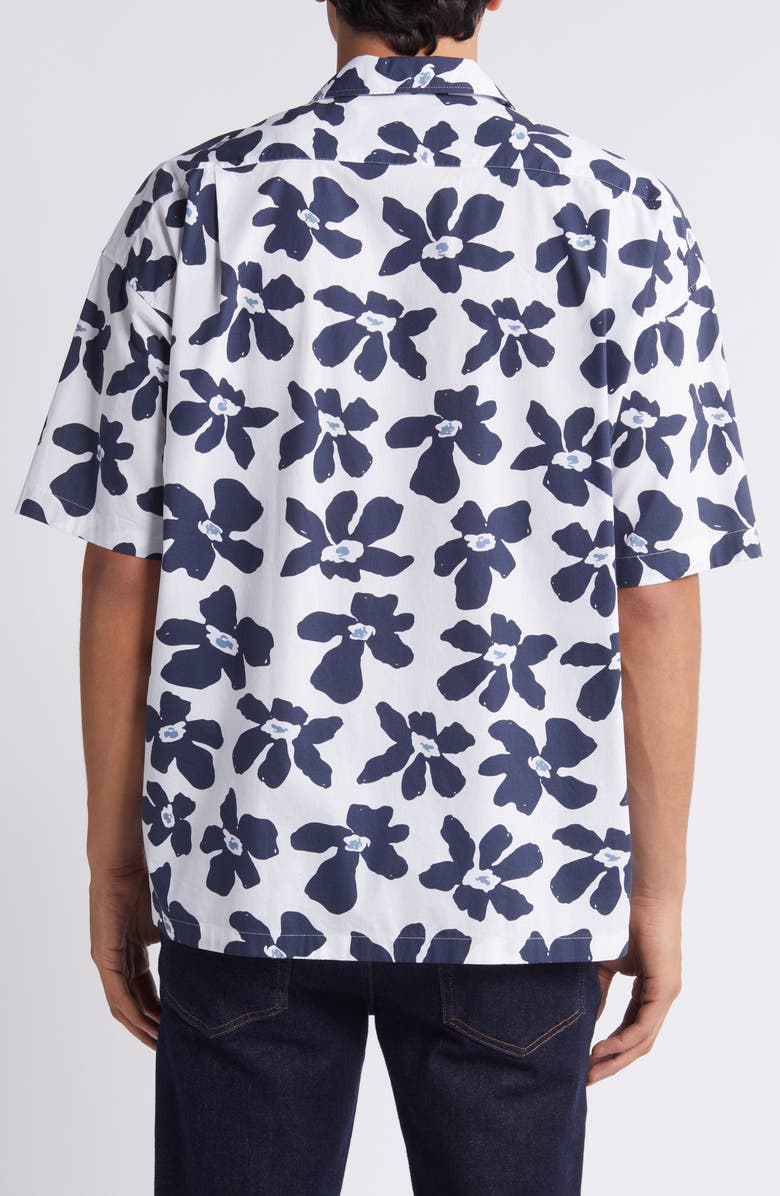 BOSS Drew Palm Print Stretch Camp Shirt, Alternate, color, White-Blue