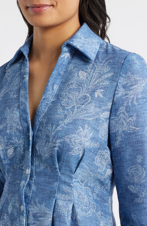 Julia Jordan Floral Pleated Waist Long Sleeve Shirtdress In Blue