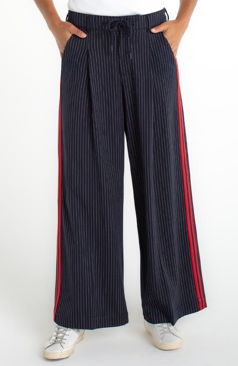 Pinstripe & Side Stripe Pleated Drawstring Pants