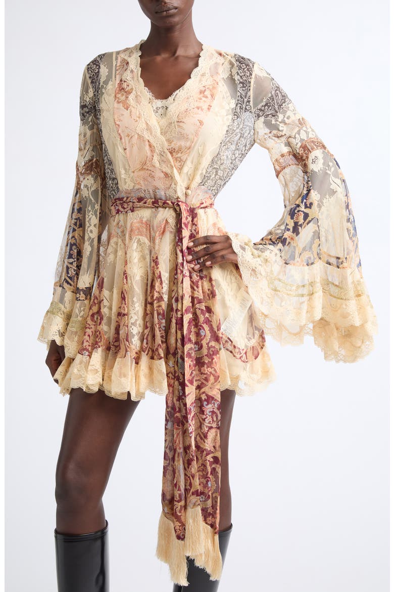 Valiant Floral Long Sleeve Silk & Lace Wrap Minidress, Alternate, color, SPLICED FLORAL