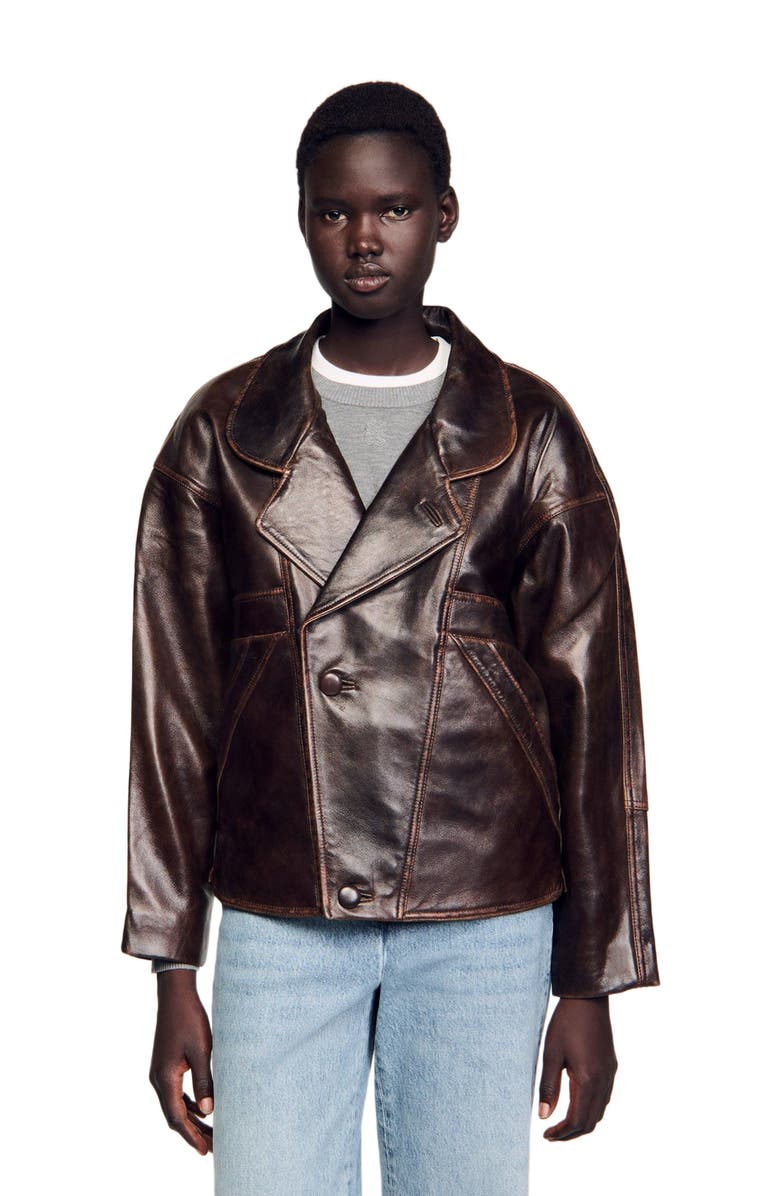 SANDRO Oversized leather jacket, Main, color, Brown