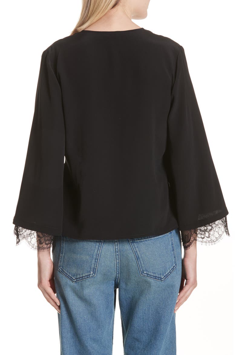 Riona Lace Trim Silk Wrap Blouse, Alternate, color, BLACK