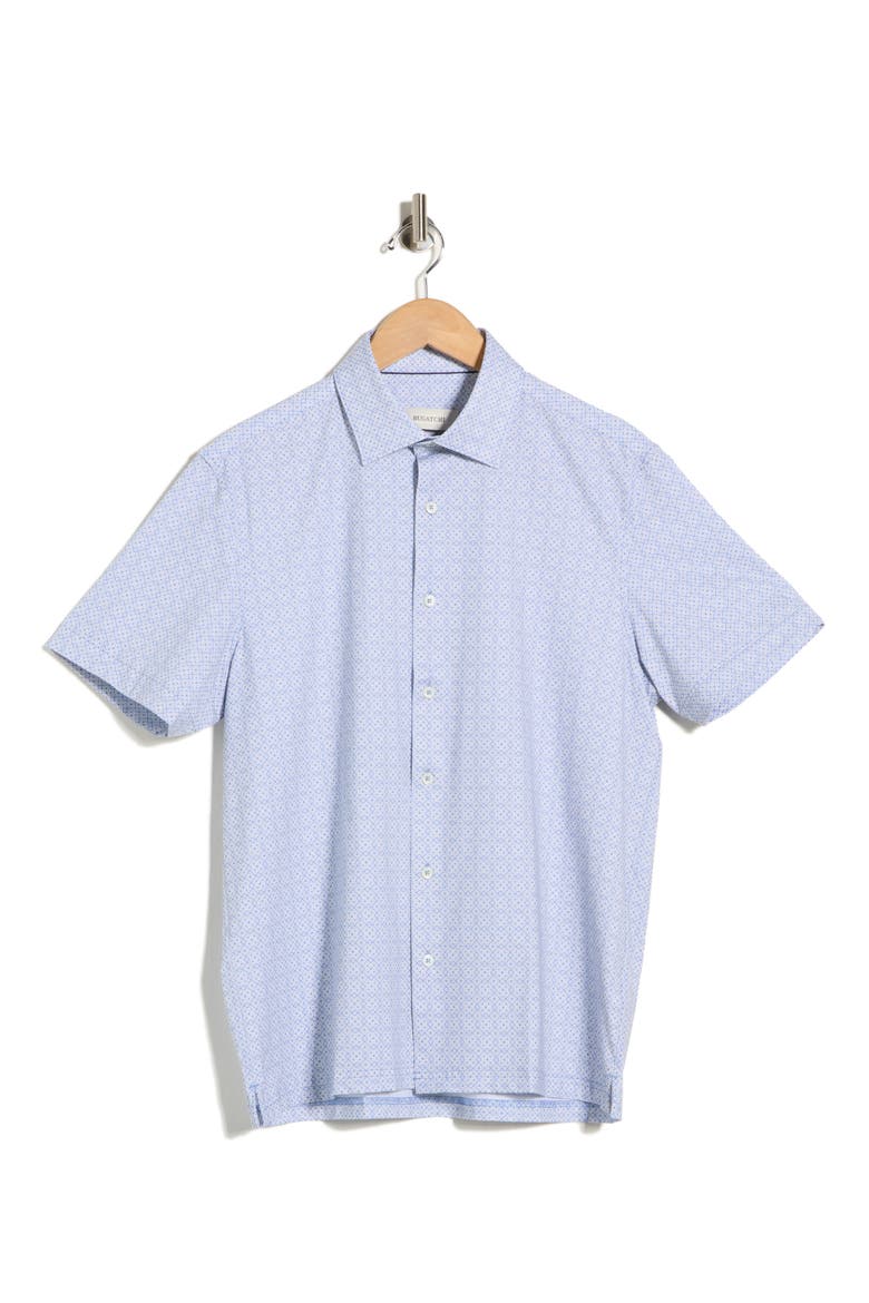 Geometric Print Stretch Cotton Short Sleeve Button-Up Shirt, Alternate, color, AIR BLUE