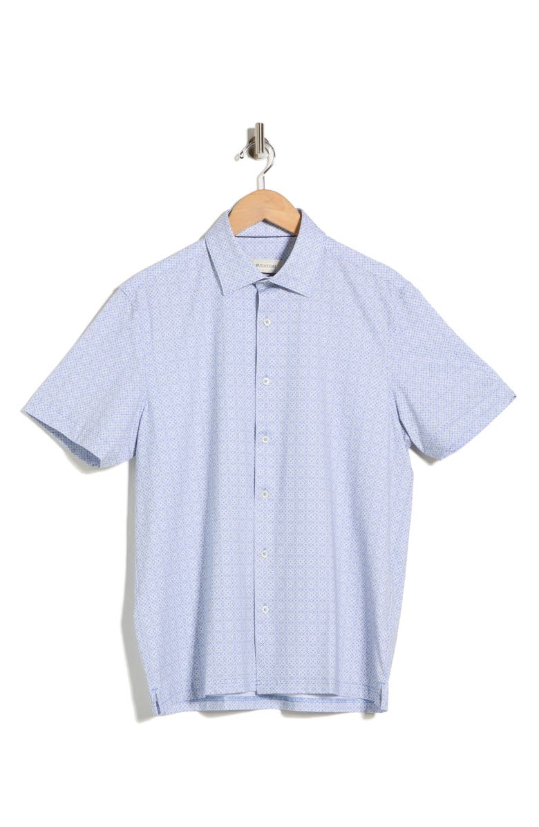 Bugatchi Geometric Print Stretch Cotton Short Sleeve Button-Up Shirt, Main, color, Air Blue