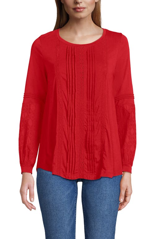Lands' End Lightweight Jersey Lace Mix Long Sleeve Pintuck Top In Red