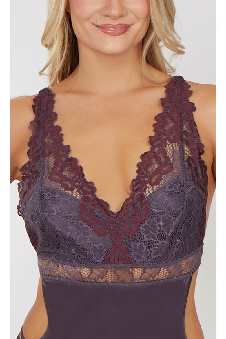 Lace Bodice Cutout Stretch Satin Teddy, Alternate, color, Magnet