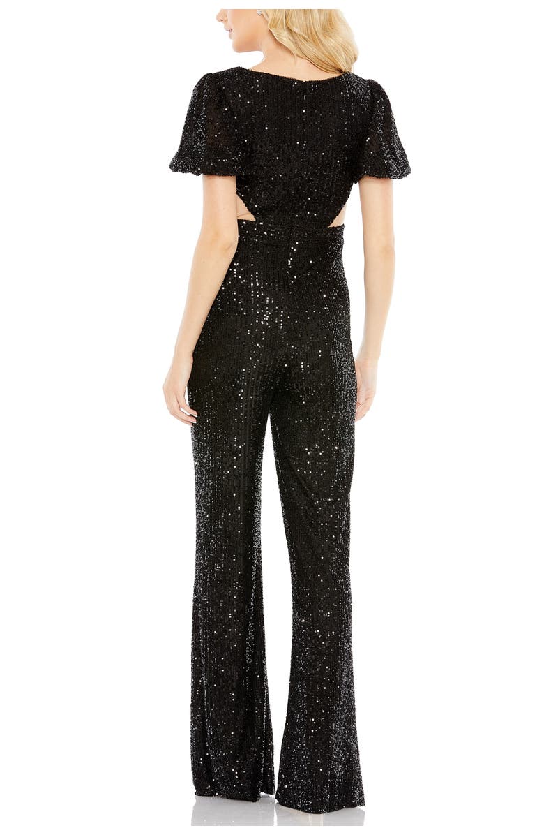 Mac Duggal Sequined Puff Shoulder Illusion Cut Out Jumpsuit, Alternate, color, Black
